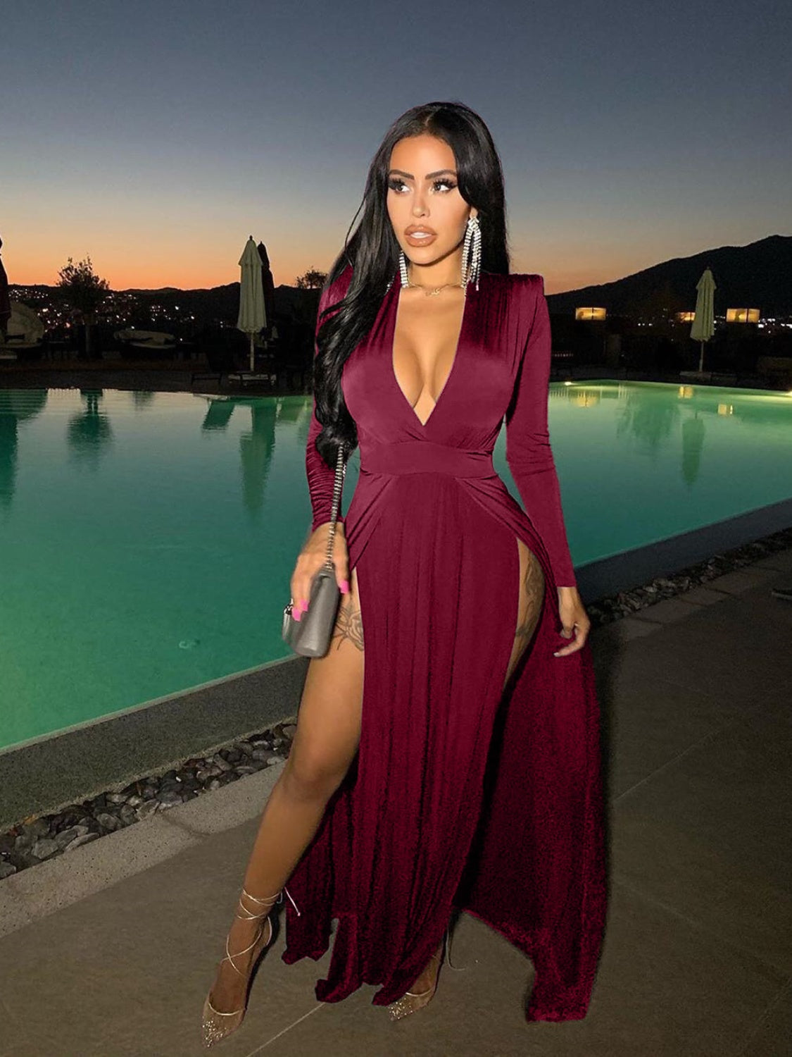 Slit Plunge Long Sleeve Dress - store name
